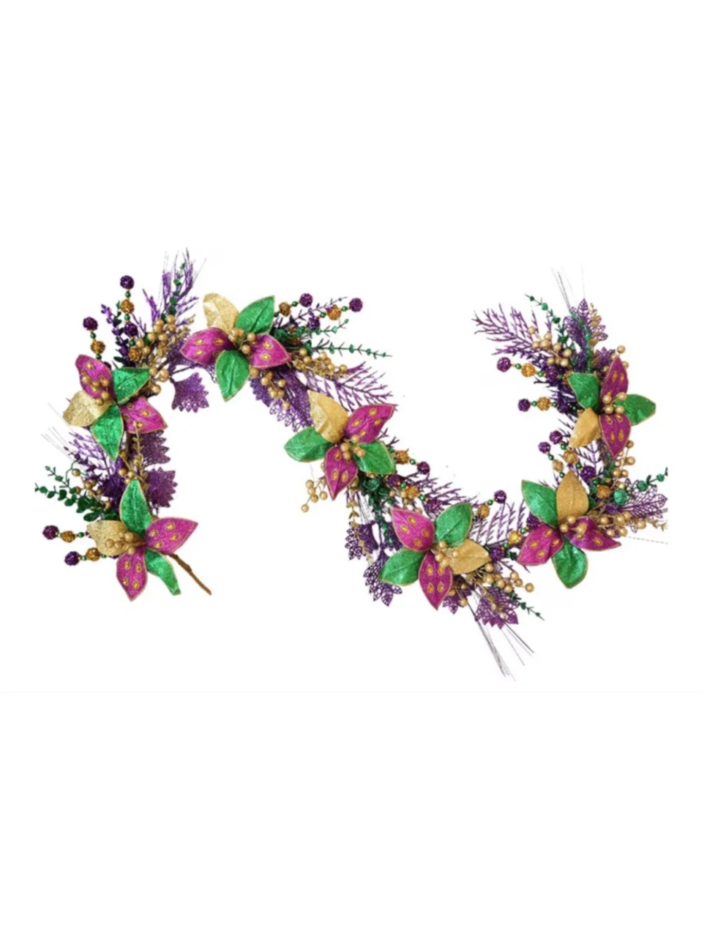 NEW 60” Mardi Gras Glitter Garland Purple Gold Green Poinsettia Flower